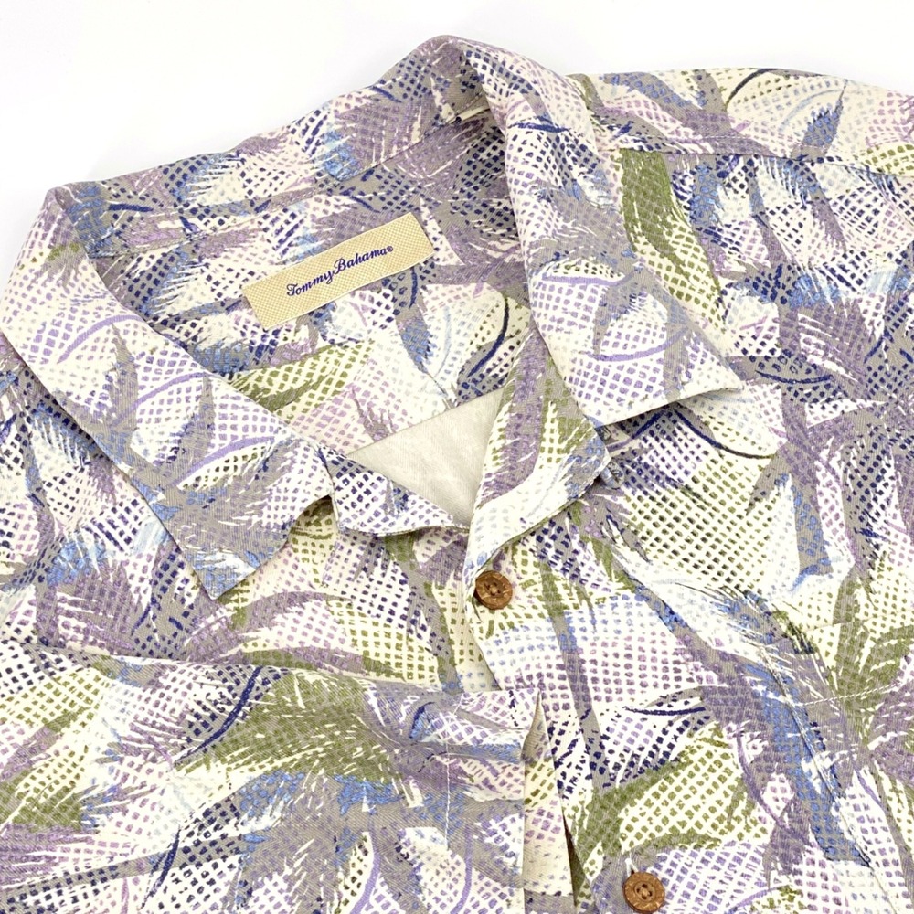 Tommy Bahama Mens XXL 100% Silk Palm Tree Print Short Sleeve Camp Shirt Purple